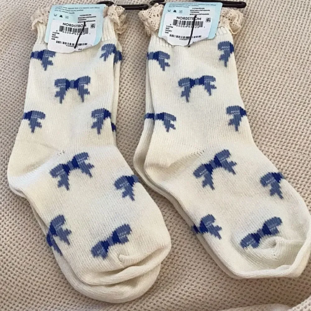 Hansel from Basel BUNDLE TWO PAIRS of All Over Bows Crew, Ivory/blue, NWT